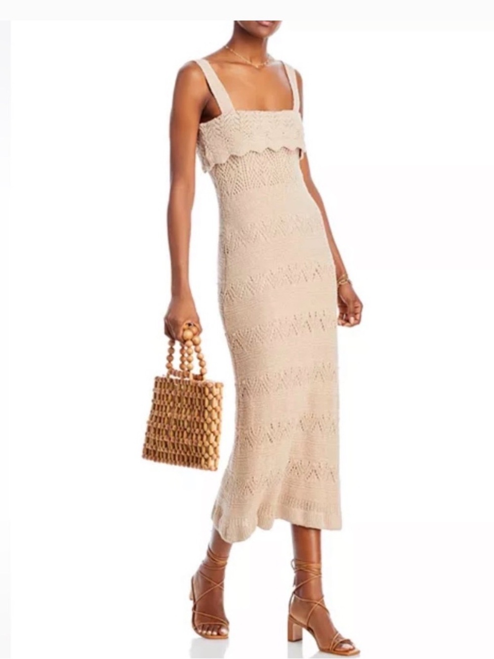 Aqua Cream Crochet Knit Midi Dress